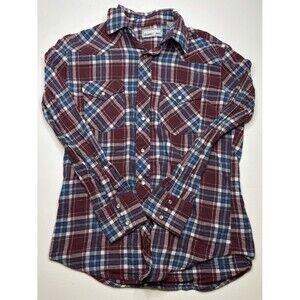 Wrangler “Wrancher”Shirt Mens Size M Maroon Flannel Plaid Long Sleeve Pearl Snap